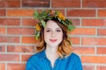 Redhead girl with oak leaves wreath at Germany Unity day Royalty Free Stock Photo