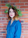 Redhead girl with oak leaves wreath at Germany Unity day Royalty Free Stock Photo