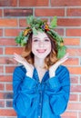Redhead girl with oak leaves wreath at Germany Unity day Royalty Free Stock Photo