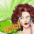Redhead girl says hello on smartphone in comic style