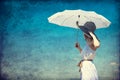 Redhead girl with umbrella at outdoor. Royalty Free Stock Photo