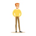 Redhead Guy In Yellow Sweater Overwhelmed With Happiness And Joyfully Ecstatic, Happy Smiling Cartoon Character