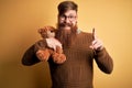 Redhead Irish man with beard hugging teddy bear stuffed animal over yellow background surprised with an idea or question