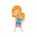 Redhead little girl playing with her doll, cute cartoon character vector Illustration on a white background