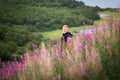 Man stands in thickets of fireweed at Kamchatka.