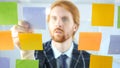 Redhead Man Working On Sticky Notes Attached on Glass in Office Royalty Free Stock Photo