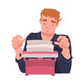 Redhead Man Writer Character at Typewriter Writing Book Engaged in Creative Literary Work Vector Illustration