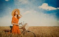 Girl with bicycle on wheat field. Royalty Free Stock Photo