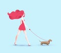 Redhead pretty traveler girl in red dress walking with red travel roller bag. Vector illustration