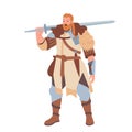 Redhead Scandinavian Warrior, Barbarian Soldier. Viking Male Character with Ginger Beard Wearing Animal Skin Hold Armor