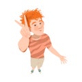 Redhead Smiling Freckled Man Looking Up Watching at Something and Showing V Gesture Above View Vector Illustration