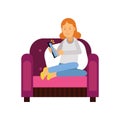 Redhead teen girl sitting on armchair using tablet, female student with electronic device vector Illustration