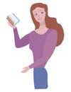 Redhead vector cartoon positive cute smiling girl in a purple with a book isolated object on a white background