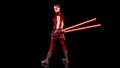 Redhead warrior girl with sci-fi light swords, braided woman with futuristic laser saber weapon isolated on black background, 3D