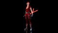 Redhead warrior girl with two sci-fi laser swords, braided woman with futuristic saber weapon isolated on black background, 3D
