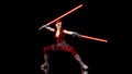 Redhead warrior girl with two sci-fi light swords, braided woman with futuristic saber weapon isolated on black background, 3D