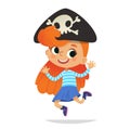 Redhead wearing cocked hat with the skull dancing little pirate. Girl kid in Halloween costume dancing and laughing