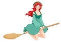 Redhead witch riding broom. Vector illustration isolated on white background.