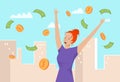 Redhead woman in blue dress excitedly catches falling money bills, coins in city. Financial success and happiness vector