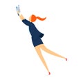 Redhead woman in business attire reaching for something, floating in air. Ambitious female professional striving high to