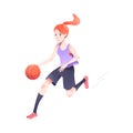 Redhead Woman Character Playing Basketball Engaged in Sport Physical Activity Vector Illustration