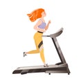 Redhead Woman Character on Treadmill Doing Sport and Physical Exercise Training Body and Muscle Vector Illustration