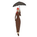 Redhead woman in coat with umbrella. Vector