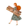 Redhead Woman Coffee Lover Carrying Pile of Dry Cinnamon Stick as Coffee Spice Vector Illustration