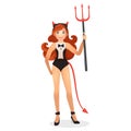 Redhead woman in devil costume with big trident Royalty Free Stock Photo