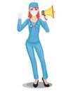 Redhead woman doctor in mask with megaphone. Illustration in cartoon style.