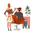 Redhead Woman Hairdresser in Apron and with Hair Dryer and Man Sitting in Chair Vector Illustration