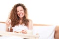 Redhead woman having breakfast milk Royalty Free Stock Photo