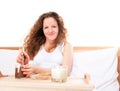 Redhead woman having breakfast milk Royalty Free Stock Photo