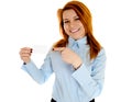 Redhead woman holding businesscard Royalty Free Stock Photo