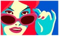 Redhead woman peeking over sunglasses fashion minimal flat design vector illustration