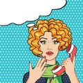 Redhead woman on phone pop art comic vector illustration, surprised woman with speech bubble for your message Royalty Free Stock Photo