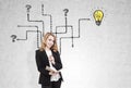 Redhead woman, questions, light bulb, arrows Royalty Free Stock Photo