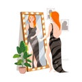 Redhead Woman Standing in Front of the Mirror at Home Dressing Up Vector Illustration