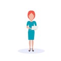 Redhead woman using laptop standing pose isolated faceless silhouette female cartoon character full length flat