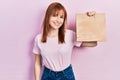 Redhead young woman holding take away paper bag looking positive and happy standing and smiling with a confident smile showing Royalty Free Stock Photo