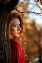 Redhead young woman in a red sweater walks in the park. Autumn beauty portrait of a fashionable Red-haired woman at sunset Royalty Free Stock Photo