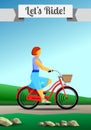 Redhead young woman riding an open frame bicycle in countryside