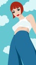 Redhead young woman wearing blue pants and white crop top looking down against blue sky with clouds, bottom view