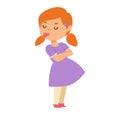 Redheaded girl with pigtails in a purple dress pouting. Young child showing displeasure, arms crossed. Cute toddler