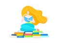 Redheaded girl with pile of books and cup of tea. Bookworm. Reading. Woman is sitting on book stacks Royalty Free Stock Photo