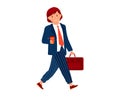 Redheaded young businesswoman walking with coffee and briefcase. Confident female professional in stylish outfit heading Royalty Free Stock Photo
