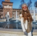 Happy young tourist woman in Milan, Italy looking into distance Royalty Free Stock Photo