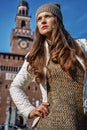 Portrait of trendy tourist woman in Milan, Italy