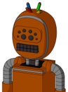 Redish-Orange Mech With Bubble Head And Keyboard Mouth And Bug Eyes And Wire Hair