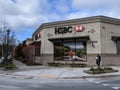 Redmond, WA USA - circa March 2021: Exterior view of an HSBC bank in downtown Redmond on a sunny day